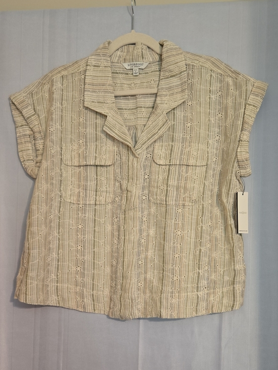 Liverpool Tops - Liverpool Cream Striped Eyelet Short Sleeve Button-Front Shirt Size XLP
